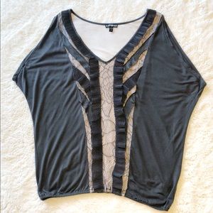 {Express} Dark Grey Ruffle and Lace Blouse